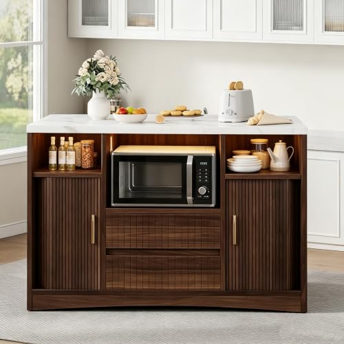 Island Table for Kitchen,Kitchen Island with Storage Marble Island | Cart with Power Outlet & RGB LED Light, Rolling Buffet Cabinet with Microwave Shelf, 2 Drawers, Marble Countertop, Walnut - color: Walnut