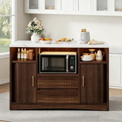 Island Table for Kitchen,Kitchen Island with Storage Marble Island | Cart with Power Outlet & RGB LED Light, Rolling Buffet Cabinet with Microwave Shelf, 2 Drawers, Marble Countertop, Walnut - color: Walnut