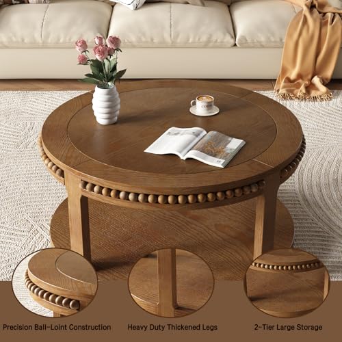 31.5" Round Wood Coffee Table, 2 Tier Modern Center Table,Solid Wood+MDF, Easy Assembly, Accent Table for Living Room, Apartment, Small Space. (Walnut) - color: Walnut-m