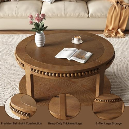 31.5" Round Wood Coffee Table, 2 Tier Modern Center Table,Solid Wood+MDF, Easy Assembly, Accent Table for Living Room, Apartment, Small Space. (Walnut) - color: Walnut-m