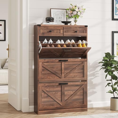 Halitaa Shoe Cabinet with 3 Flip Drawers & 2 Drawers,Freestanding Shoe Storage Cabinet for Entryway,Farmhouse Narrow Slim Organizer Rack for Foyer,Hallway,Dark Walnut - color: Dark Walnut, style: 3-Drawers