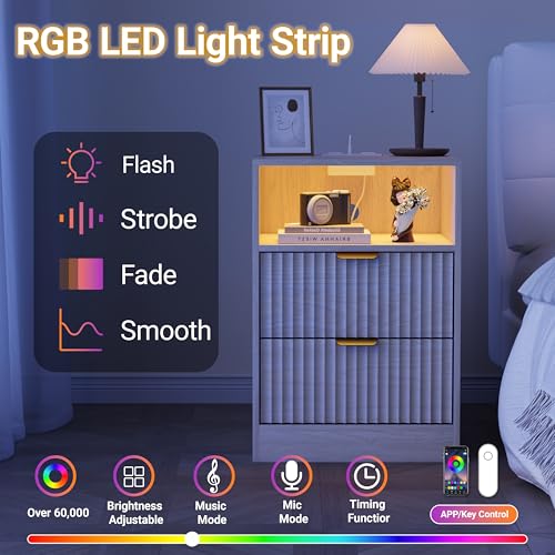 Fluted Nightstand Set of 2, LED Nightstand with Charging Station, Wood Nightstands with 2 Drawers & Metal Handles, Modern Bedside Table & End Tables, Farmhouse Night Stands for Bedroom, Natural - color: Natural Oak, style: LED 2 Drawers-2 PCS