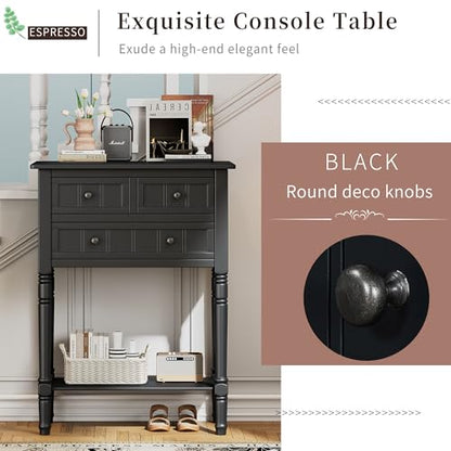 Merax Narrow Console Table, Elegant Slim Entryway Table Sofa Table with Three Storage Drawers and Bottom Shelf for Entryway for Hallway, and Living Room (Black) - color: Black