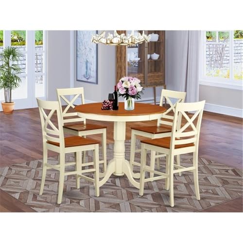 East West Furniture JAQU5-WHI-W 5 Piece Counter Height Dining Set Includes a Round Kitchen Table with Pedestal and 4 Dining Room Chairs, 36x36 Inch, Buttermilk & Cherry - color: Jaqu5-whi-w