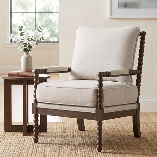 DUHOME Chenille Fabric Spindle Accent Chair with Wood Frame,Bobbin Chair with High Resilience Spring Cushion and Armrest Pads, Leisure Armchair for Living Room Bedroom Farmhouse Home Office Belcony - color: Dark Walnut+grey, size: 1 pc
