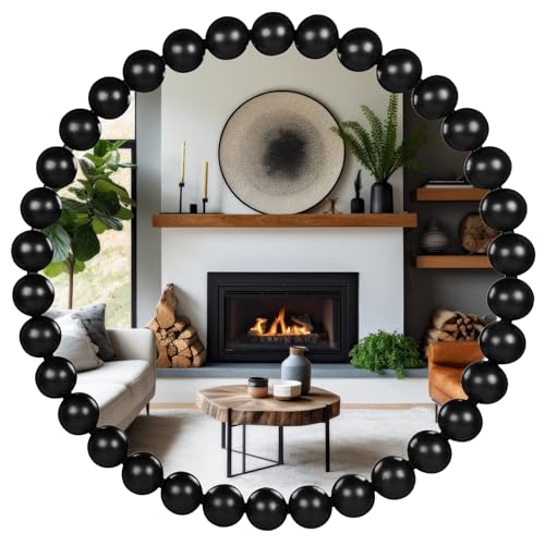 24 Inch Round Wall Mirror Black Decorative Wall Mirror with Wood Beads – Decorative Circle Beaded Mirror for Bathroom, Living Room, Entryway, Bedroom and Modern Farmhouse Wall Decor (Black) - color: Black