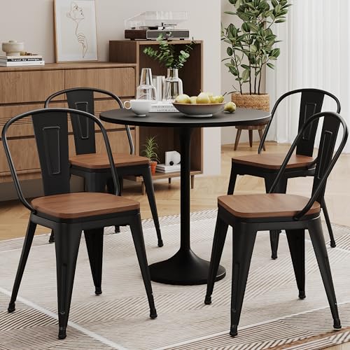 Alunaune 18inch Metal Dining Chair Set of 4 High Back Classic Chic Iron Farmhouse Chairs Industrial Stackable Coffee Stools Bistro Cafe Side Barstools Wood Seat-Black - color: Black