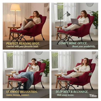 Lazy Chair with Ottoman, Comfy Reading Accent Chair, Burgundy | Foldable Footrest, Padded Seat and Backrest, Side Pocket for Lounging in Living Rooms, Bedrooms, Dorms and Small Spaces - color: Burgundy