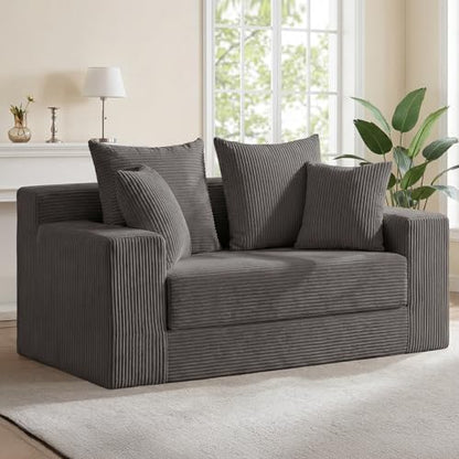 3-in-1 Convertible Sofa Bed: Boneless Loveseat Sleeper & Folding Couch Bed with 4 Pillows & Detachable Cushion for Bedroom, Small Space, Guest and Living Room, Corduroy Futon, No Assembly,Grey