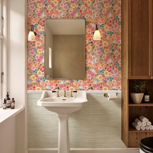 Simon&Siff Floral Peel and Stick Wallpaper 17.3"x80" Pink Watercolor Flowers Wall Murals Removable Wall Paper for Bedroom Bathroom Cabinet Renter Friendly - color: Pink, size: 17.3" x 80"
