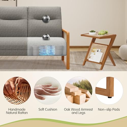 Alunaune Modern Loveseat Bench Couch with Natural Rattan Arm, Upholstered Linen Small Love Seat Sofa 2-Seats Living Room Couch Settee, Comfy Lounge Recliner Chair-Taupe - color: Taupe