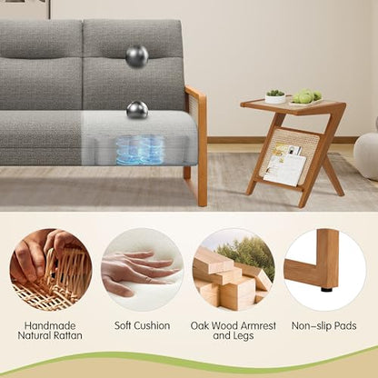 Alunaune Modern Loveseat Bench Couch with Natural Rattan Arm, Upholstered Linen Small Love Seat Sofa 2-Seats Living Room Couch Settee, Comfy Lounge Recliner Chair-Taupe - color: Taupe