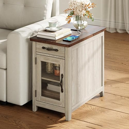 LINSY HOME End Table with Charging Station, Modern Farmhouse Wooden Side Table with Drawer, Detachable Holder, Extra Storage & Display Space, for Living Room and Bedroom, Glass Door, Washed Grey | Built-in Charging Station with USB & Outlet, Drawer Storag