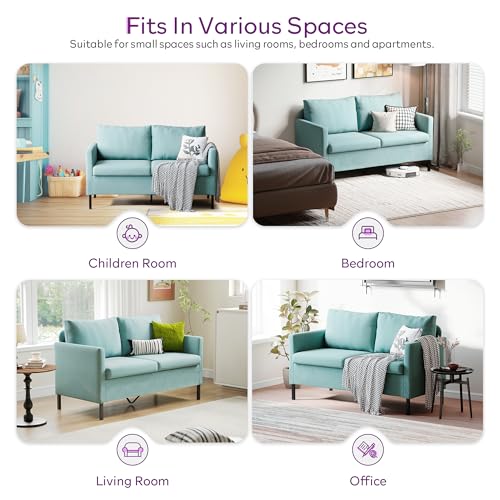 TYBOATLE 51" W Linen Fabric Upholstered Modern Loveseat Sofa Couch for Living Room, Love Seats 2-Seater Furniture w/Iron Legs for Compact Space, Apartment, Bedroom, Dorm, Office, Aqua Blue | Love Seat, Small Sofa, Linen Upholstery, Iron Legs, Living Room,