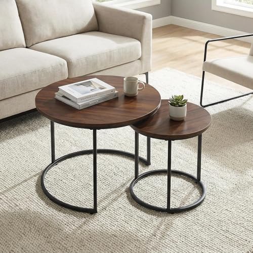 Round Nesting Coffee Table Set of 2, Stacking Minimalist End Table | Modern Marble Pattern Wooden Nesting Tables for Living Room Bedroom Small Space, Black Leg+Brown top - color: Black Leg+brown Top