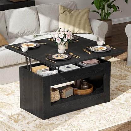 UNIQUITE 40" Lift Top Coffee Table, 4 in 1 Multi-Function Lift Coffee Tables with Storage and Hidden Compartment, Convertible Coffee Table to Dining Table for Living Room, Black - color: Black