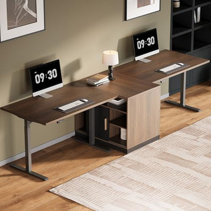 114" Two Person Electric Height Adjustable Standing Desk | Office Furniture Set with Storage, Extra Long Executive Desk Workstation with File Cabinets for Home Office, Black Walnut - color: Black Walnut