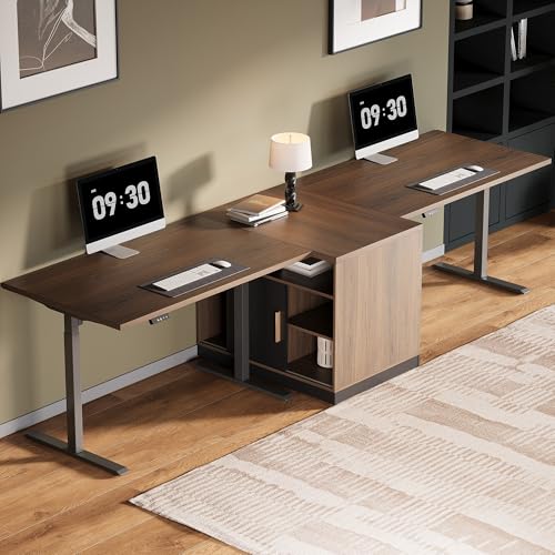 114" Two Person Electric Height Adjustable Standing Desk | Office Furniture Set with Storage, Extra Long Executive Desk Workstation with File Cabinets for Home Office, Black Walnut - color: Black Walnut