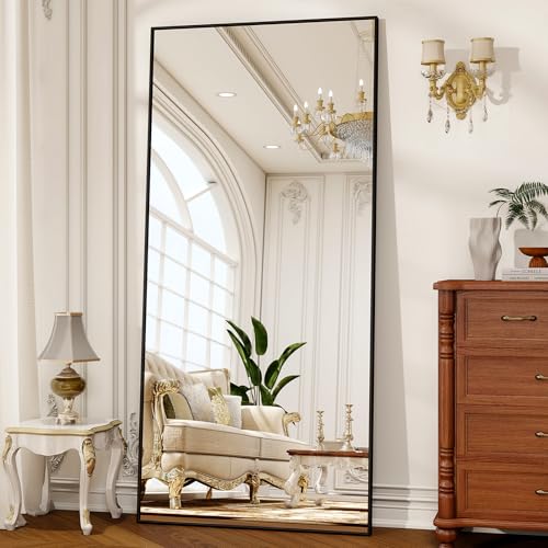 76" x 34" Oversized Full Length Mirror with Stand, Black | Standing/Leaning/Wall Mounted Large Full Body Floor Mirror for Bedroom, Living Room, Entryway with Aluminum Alloy Frame - color: Black, size: 76"L x 34"W