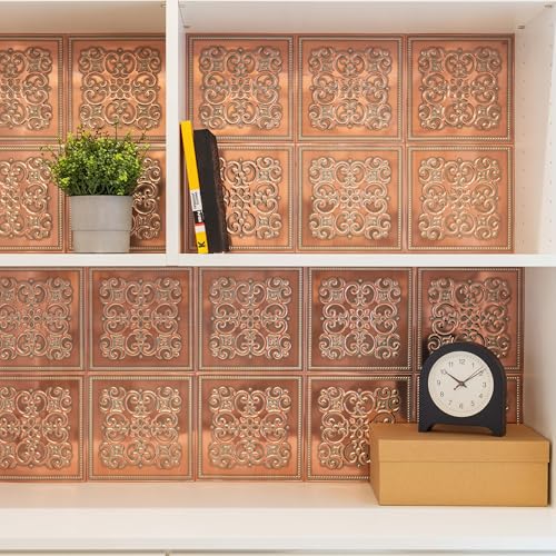 Peel and Stick Metal Backsplash Tiles, Patina Copper, 10-Pack | 8 x 8 in tile size; Covers up to 4.44 sq ft; Aluminum; Water-resistant surface; For kitchens, ceilings, DIY projects - style: Patina Copper