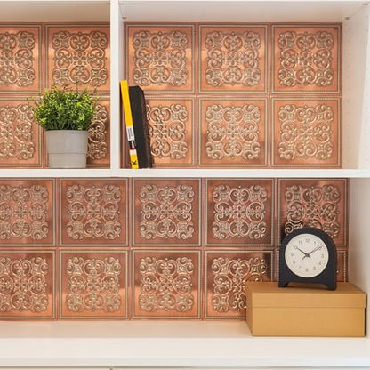 Peel and Stick Metal Backsplash Tiles, Patina Copper, 10-Pack | 8 x 8 in tile size; Covers up to 4.44 sq ft; Aluminum; Water-resistant surface; For kitchens, ceilings, DIY projects - style: Patina Copper