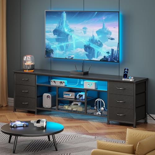 Furologee LED TV Stand for 65, 70 Inch TV, 63 Inch Entertainment Center with Power Outlets, 6 Fabric Drawers Dresser for Bedroom, Media Console with Open Shelves, PU Leather Surface, Black - color: Black, size: 63 inch
