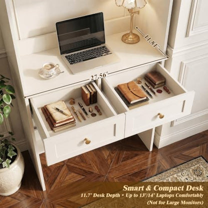 Besiost Farmhouse Desk with Glass Hutch, Small Writing Study Desk with Drawers, Multi-Function Desk for Home Office, Bedroom, Kitchen, Distressed White (27.6" L × 11.8" D × 80" H) - color: Distressed White, size: 27.6"