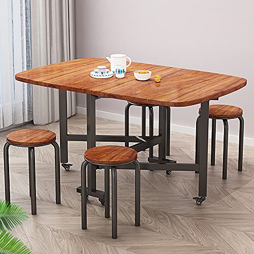 Multifunction Table Drop Leaf Dining Table - 47" Wooden Foldable Kitchen Table with 6 Wheels (Brown) - color: Brown
