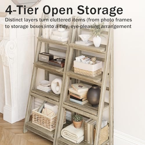 Ladder Shelf 4-Tier Foldable Wooden Ladder Bookshelf Plant Stand | Folding Wooden Ladder Bookshelf, Plant Stand for Small Space, Display Rack for Living Room, Bedroom, Balcony, Natural Wood - color: 4-tier/Light Brown