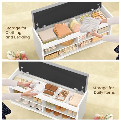 3-Tier Storage Bench, 47.2" Wide Shoe Bench with Lift Top Storage & 2 Adjustable Shelves, Entryway Bench with Padded Seat Cushion, Shoe Cabinet Bench for Entryway, Living Room, Bedroom (White) - size: 13.78"D x 47.2"W x 19.7"H