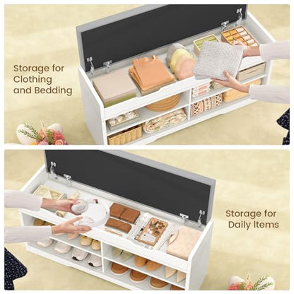 3-Tier Storage Bench, 47.2" Wide Shoe Bench with Lift Top Storage & 2 Adjustable Shelves, Entryway Bench with Padded Seat Cushion, Shoe Cabinet Bench for Entryway, Living Room, Bedroom (White) - size: 13.78"D x 47.2"W x 19.7"H