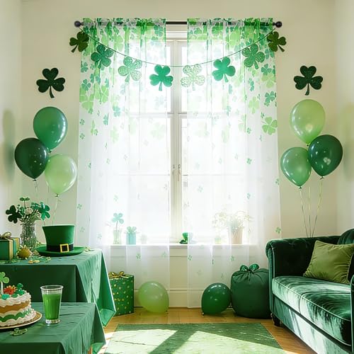 youleyar St. Patrick's Day Sheer Curtains 63 Inches Long, 2 Panels Shamrock Clover Printed Pattern Curtain, Rod Pocket Drapes for Bedroom and Home Decor, 52" W x 63" L - color: Clover - Green, size: 52"W x 63"L (Pack of 2)