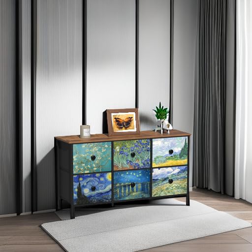 EXOTICA 6 Drawer Dresser for Bedroom Van Gogh Chest of Drawers Wide TV Stands Fabric Storage Drawer Unit for Living Room Entryway Closet Sturdy Steel Frame Wood Top - size: 39"D x 11.8"W x 21.7"H (6 Drawers)