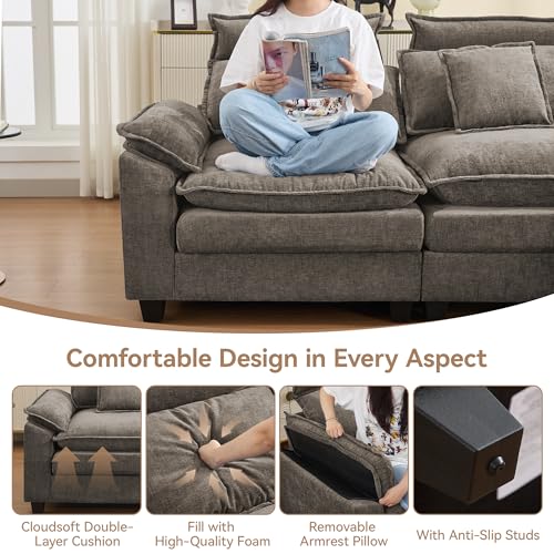 46''Cloud Oversized Sofa Chair with Detachable Headrest, Upholstered Comfy Arm Accent Chair with Ottoman,Modern Chenille Reading Lounge Armchair for Living Room,Bedroom, Brown - color: Brown, size: Oversized Chair with Ottoman