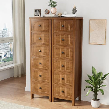 52.55" Tall 6 Drawer Dresser, Wood Chest of Drawers with Fluted Panel | Slim Storage Organizer with Anti-Tipfor Kit Small Spaces,Multipurpose Cabinet for Bedroom, Closet, Hallway, Nursery,Walnut, - size: 11.8"D x 15.7"W x 52.6"H (6 Drawers)