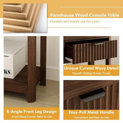 RUSTOWN Fluted Wood Console Table with 3 Drawers, 47.2" Boho Entryway Table | Narrow Behind Couch Sofa Table, Open Storage Shelf, Curved legs, 2 Tier Modern Farmhouse Hallway Table for Living Room, Foyer - color: Dark Walnut