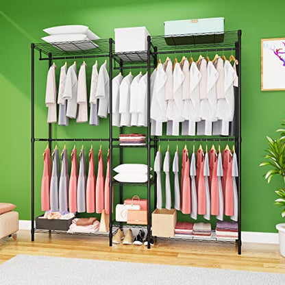 Heavy Duty Clothes Rack for Hanging Clothes, Metal Garment Rack，Large Capacity Portable Clothing Rack，Freestanding Open Wardrobe Organizer Rack, 67.0"L x 13.8"W x 75.6"H Max Load 720LBS, Black