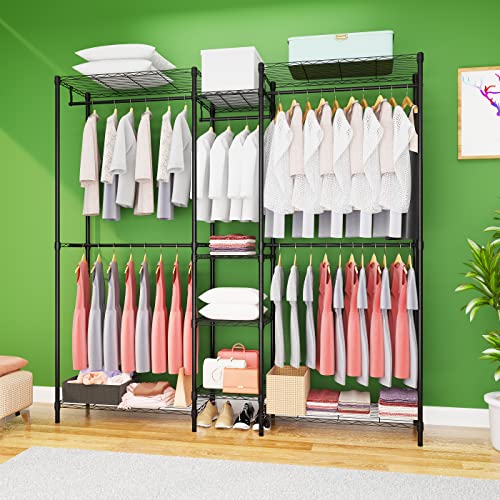 Heavy Duty Clothes Rack for Hanging Clothes, Metal Garment Rack，Large Capacity Portable Clothing Rack，Freestanding Open Wardrobe Organizer Rack, 67.0"L x 13.8"W x 75.6"H Max Load 720LBS, Black