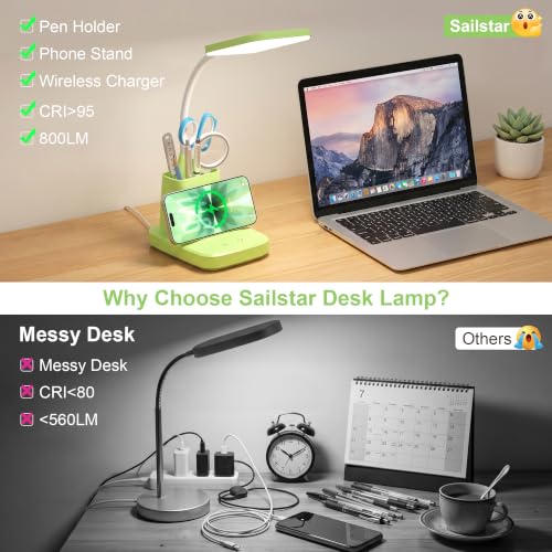 LED Desk Lamp with 10W Wireless Charging & Pen Holder, Light Green | CRI 95, 800LM, Stepless Dimming, 3 Modes, 360°Flexible Arm, Touch, Study Table Lamp for Home Office, Dorm Room, with Adapter - color: Green