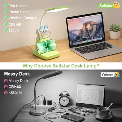 LED Desk Lamp with 10W Wireless Charging & Pen Holder, Light Green | CRI 95, 800LM, Stepless Dimming, 3 Modes, 360°Flexible Arm, Touch, Study Table Lamp for Home Office, Dorm Room, with Adapter - color: Green