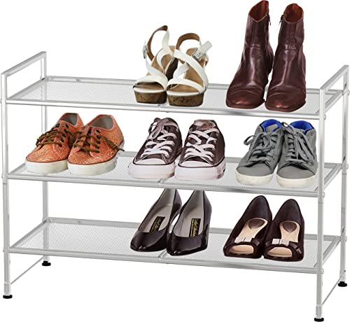 Simple Houseware 3-Tier Stackable Mesh Shoe Rack, Silver | 9 Pairs of Shoes Storage Organizer for Closet, Entryway, Garage & Corridor - color: Silver, style: Mesh Panel