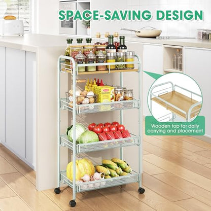 TOOLF 4-Tier Rolling Cart, Metal Utility Cart, Slide Out Storage Cart with Wooden Tabletop and Mesh Baskets for Narrow Space on Kitchen Bathroom Laundry Room Bedroom Apartments Dormitory (Green, Wide) - size: Wide, style: Green