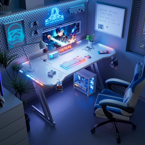 HLDIRECT 63 Inch Gaming Desk with App-Controlled RGB LED Lights, White | Z-shaped frame design, cup holder, headphone hook, cable management & mouse pad, for dual-monitor gaming and work setup - size: 63 INCH WHITE