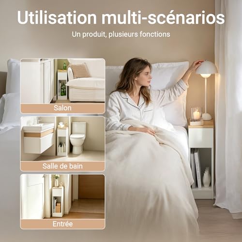SoBuy Nightstand Narrow Night Stand Modern Design Bedside Furniture Slim End Table Storage Cabinet with Sliding Drawer and Open Compartment, White & Natural FBT111-WN | Slim Dorm Bedsid Table with Open Compartment, White & Natural FBT111-WN - color: White