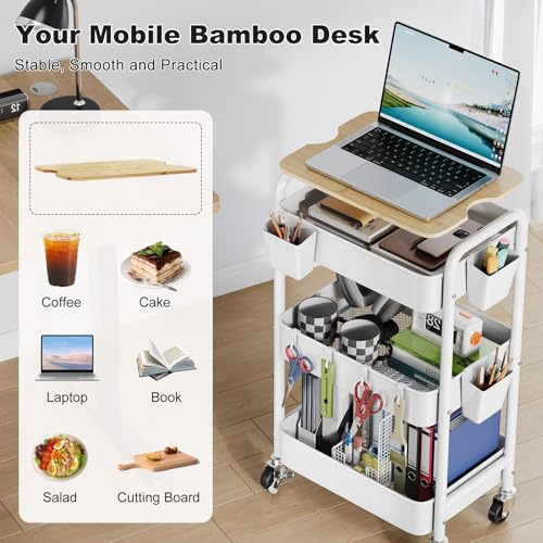 3 Tier Rolling Cart with Wood Table Top, White Bedside Cart on Lockable Wheels, Metal Utility Storage Organizer Carts for Kitchen, Art, Craft, Nail, Salon, Lash, Nursery, Bathroom, Baby Diaper Caddy - color: White