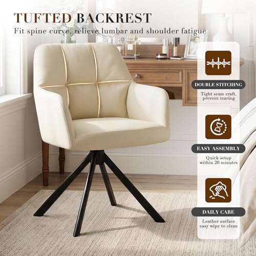 EALSON Comfy Leather Desk Chair Modern Computer Task Chair no Wheels Swivel Accent Chair with Mid Back Arm Chair for Living Room/Bedroom/Home Office, PU Beige - color: Beige