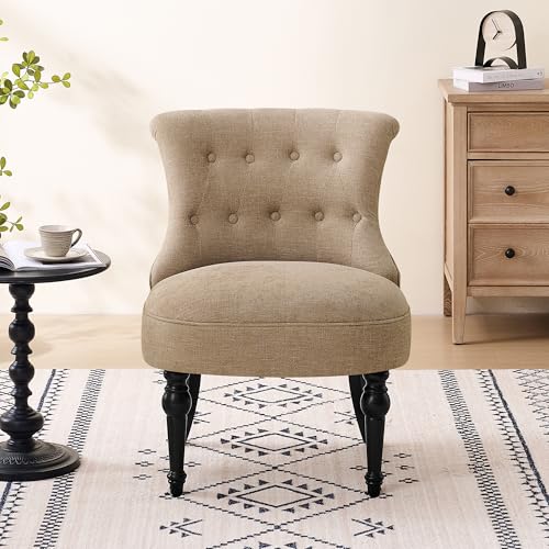 Upholstered Accent Chair, French Country Side Chair (1, Light Brown) | with Tufted Backrest, Thick Padded Seat and Solid Wood Legs for Bedroom, Living Room, Vanity & Reading Nook - color: Light Brown
