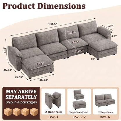 JUMMICO 159" U-Shaped Shaped Sectional Couch, Modular Cloud Sofa,Light Grey | 2 Movable Ottoman,4 Deep Seats, Sturdy Frame, Comfy Chenille, Easy Assembly, Sleeper Sofa for Living Room, Apartment - color: Light Grey, size: U Shaped Sofa