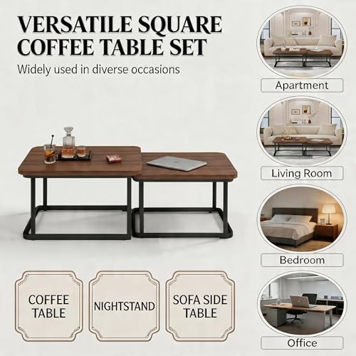 Nesting Coffee Table Set of 2 – Square Small Coffee Tables for Living Room, Bedroom, Balcony, Versatile End Table Set,Space Saving Mid Century Modern Nesting Coffee Tables Stackable, - color: Walnut