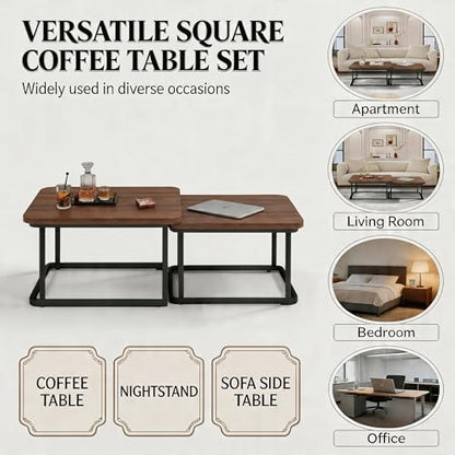 Nesting Coffee Table Set of 2 – Square Small Coffee Tables for Living Room, Bedroom, Balcony, Versatile End Table Set,Space Saving Mid Century Modern Nesting Coffee Tables Stackable, - color: Walnut